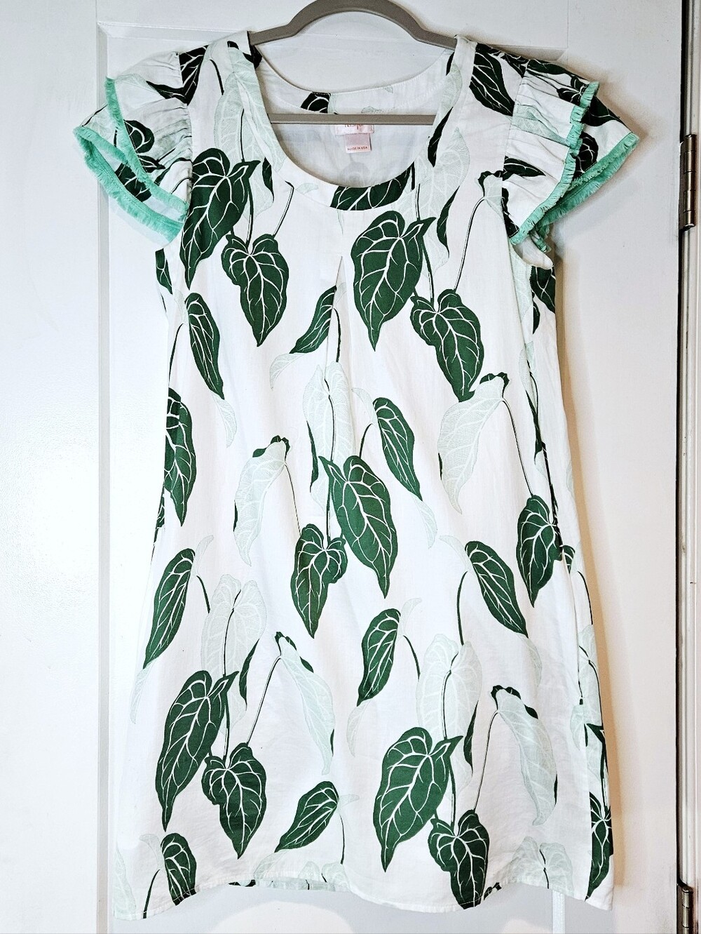 Persifor Green Leaf Print Cotton Mini Shift Dress Flutter Sleeve USA M